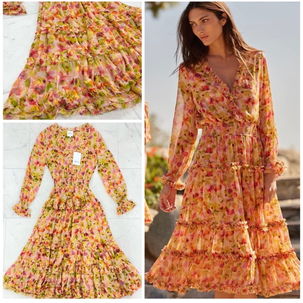 MISA Los Angeles Nora Dress XS NWT | Garden Floral Tiered Ruffle Midi - Picture 1 of 7
